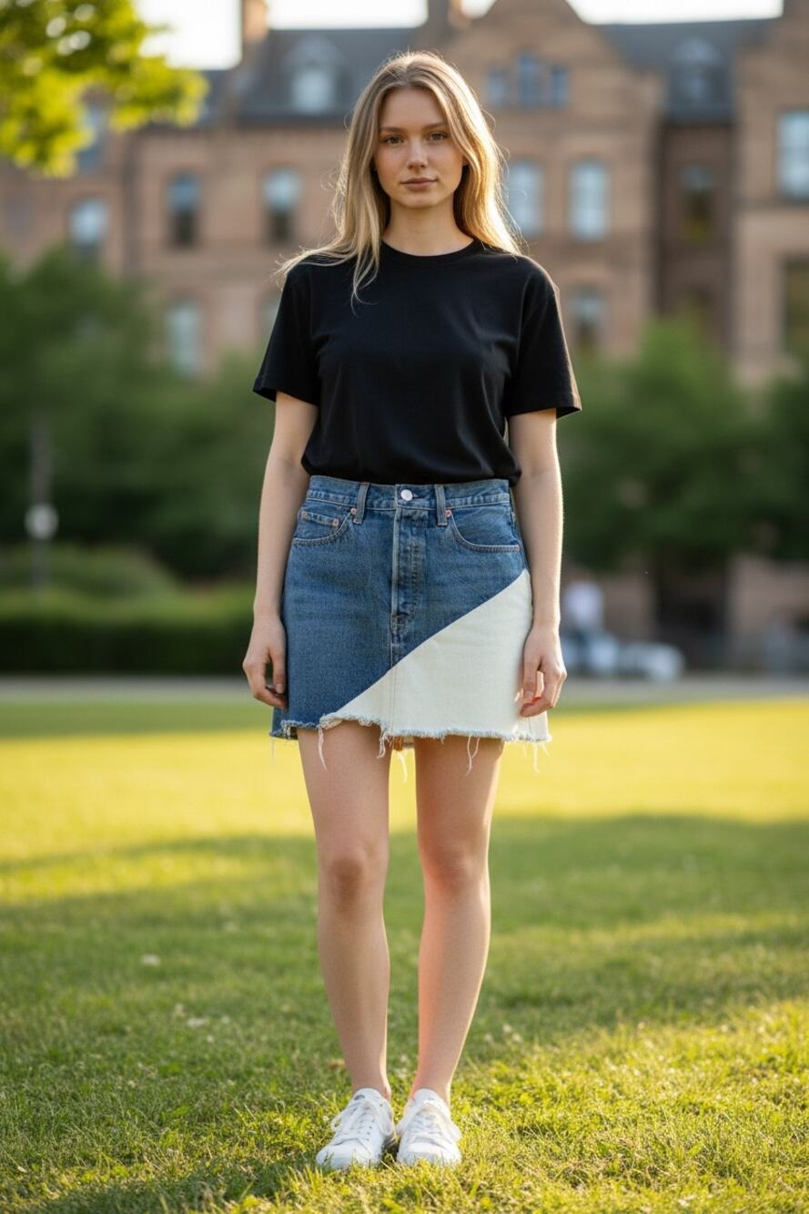 LEVIS Mini Skirt Size 26 Two Tone Denim Blue White Asymmetrical Jean